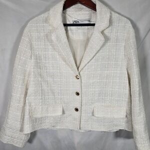 ZARA Women's Ivory Blazer Textured Jacket Cropped Coat Sz L Party Preppy Holiday